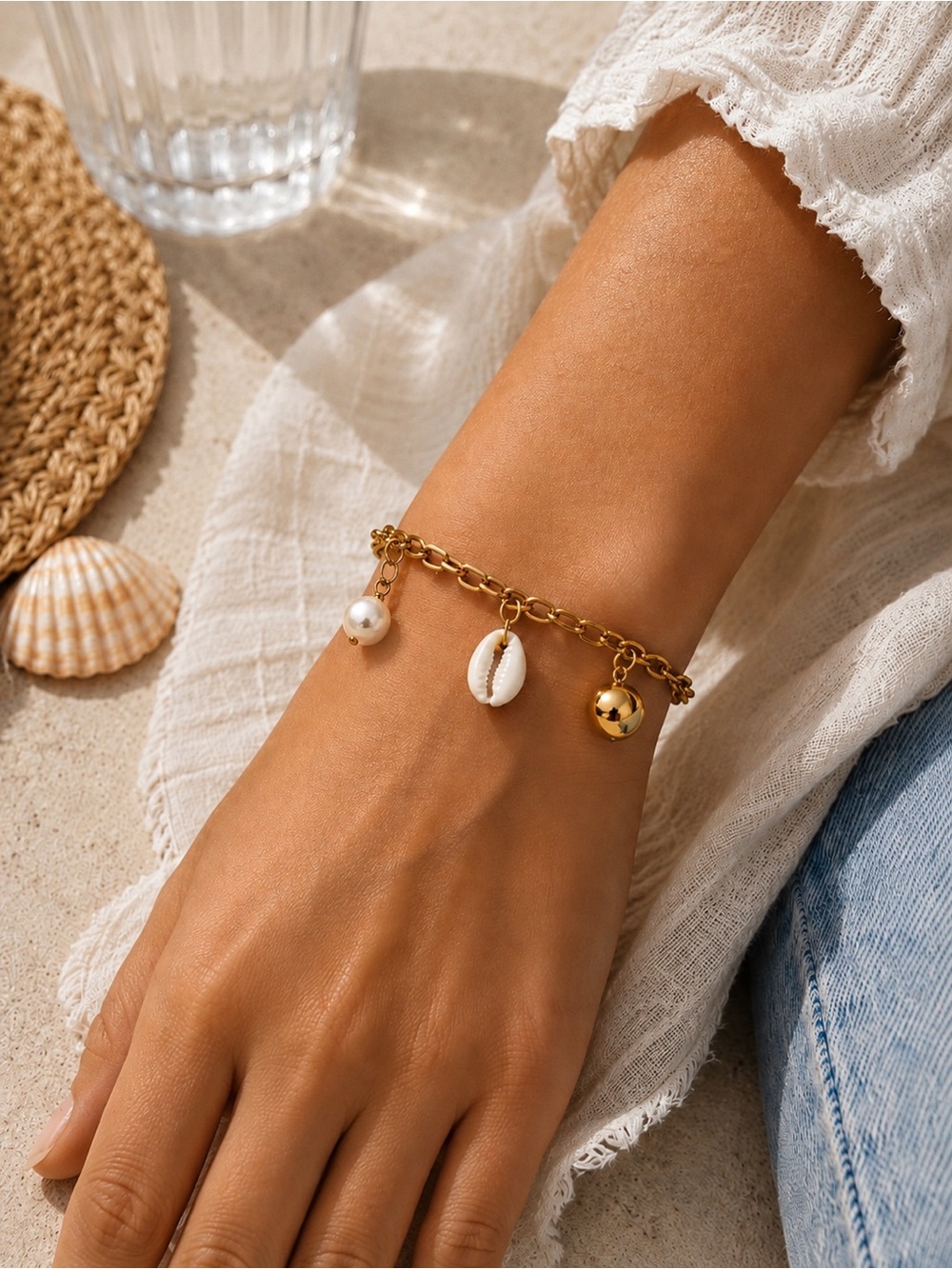 MAYAMAR Gold Tone Charm Bracelet Anklet Shell Pearl Ball Adjustable NWT